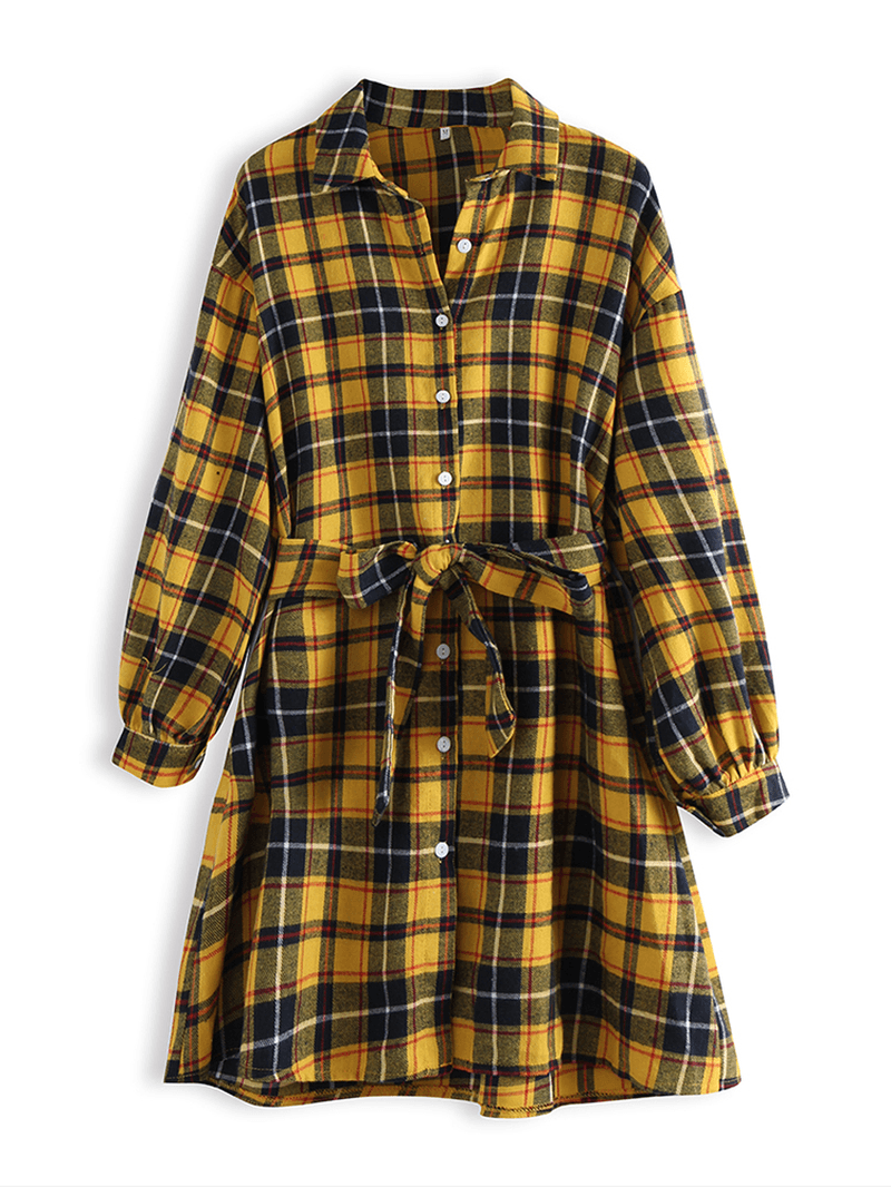 Chic Long Sleeved Lapel Belted Long Sleeve Plaid Shirt Dress for Women - MRSLM