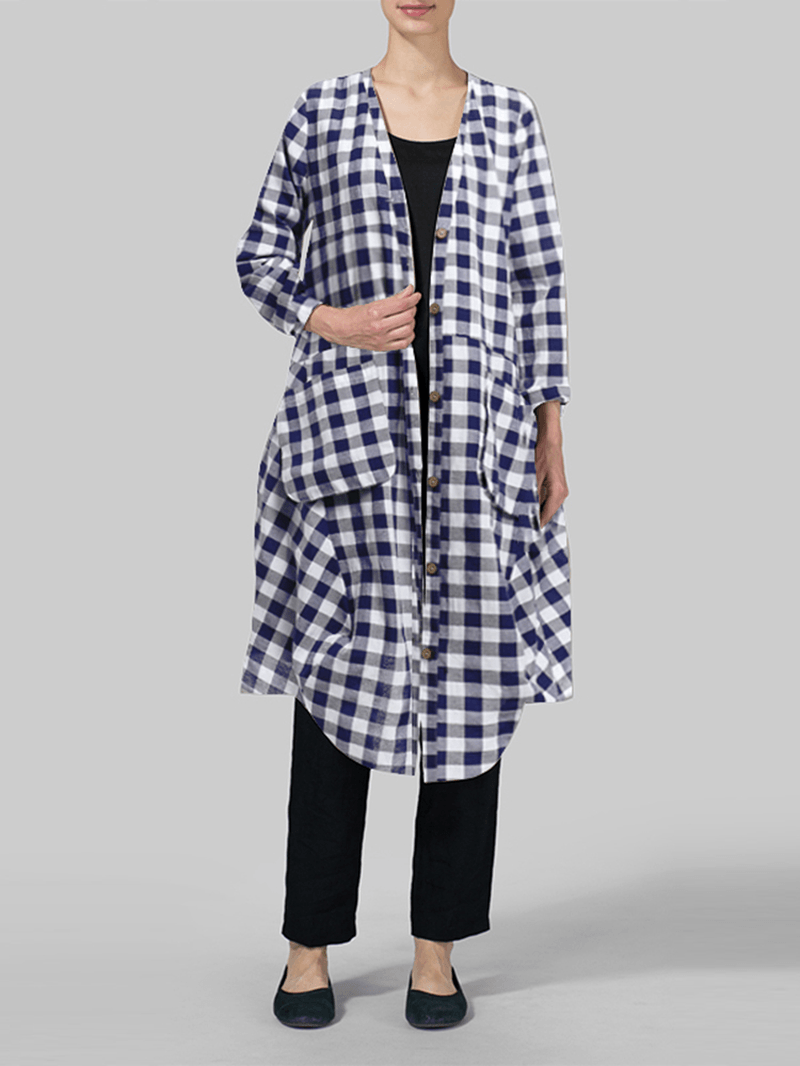 Women Casual Loose Plaid Long Sleeve Button Pockets Dress - MRSLM