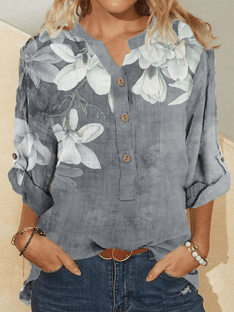 Women Cotton Floral Embroidery Casual Stand Collar Shirt