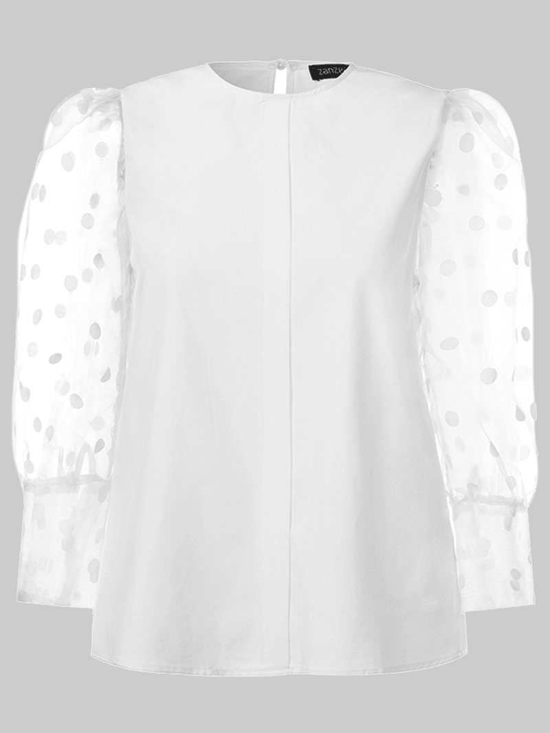 Polka Dot Lace Patchwork Puff Sleeve O-Neck Blouse