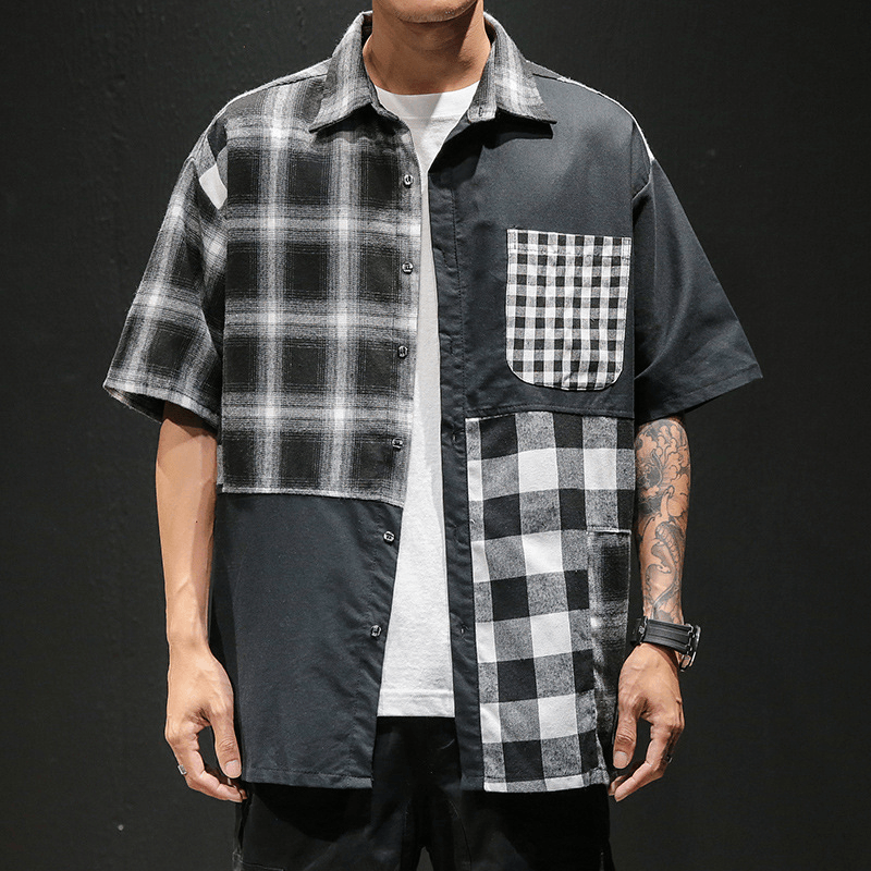 Plaid Shirt Loose Contrast Color Asymmetric Stitching Shirt Jacket