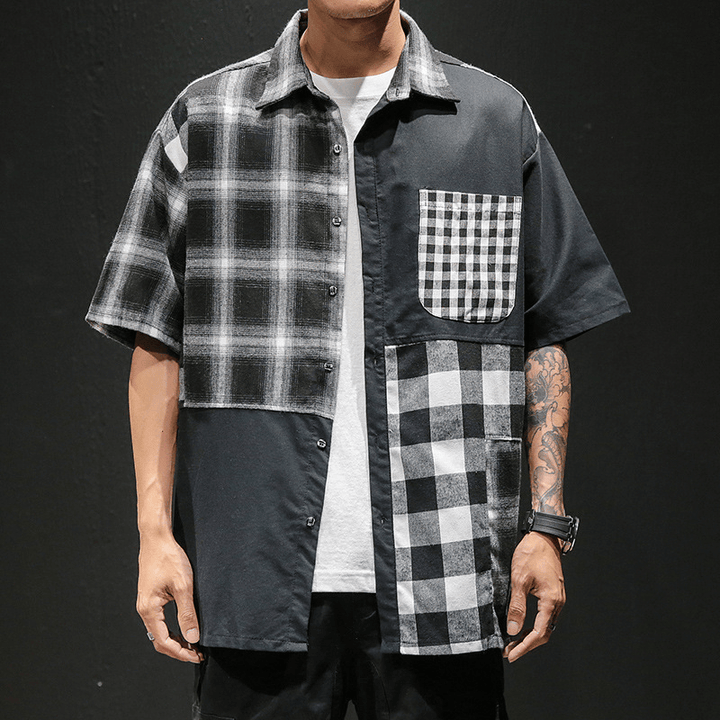 Plaid Shirt Loose Contrast Color Asymmetric Stitching Shirt Jacket