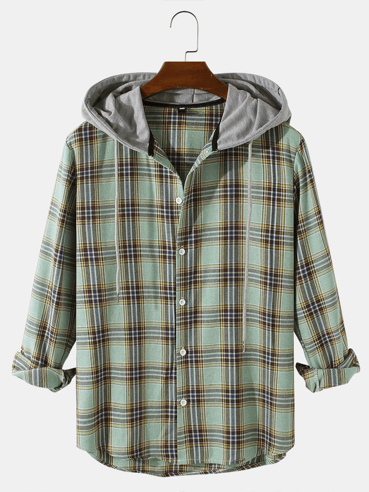 Mens Plaid Print Long Sleeve Button up Hooded Jacket