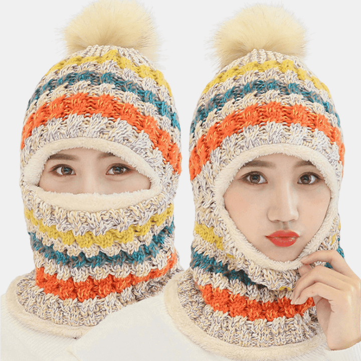 Women Wool One-Piece plus Velvet Thicken Warm Windproof Neck Face Protection Riding Knitted Hat Baseball Hat - MRSLM