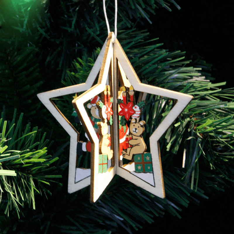 Christmas 3D Wooden Pendant Star Bell Tree Hang Ornaments Home Party Decorations Kids Gifts