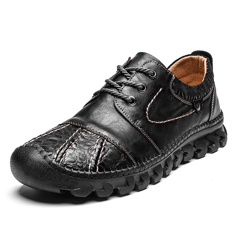 Men Genuine Leather Toe-Protected Breathable Soft Lightweight Lace-Up Tooling Shoes Hand Stitching Shoes