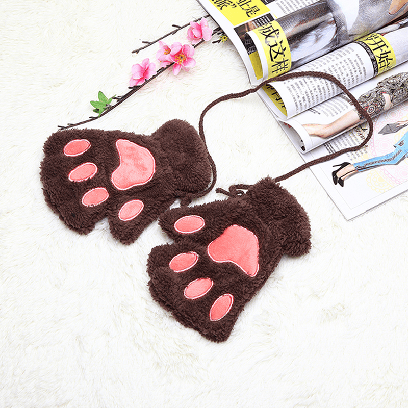 Women Girls Fluffy Plush Bear Cat Paw Fingerless Gloves Paw Glove Winter Warm Mittens