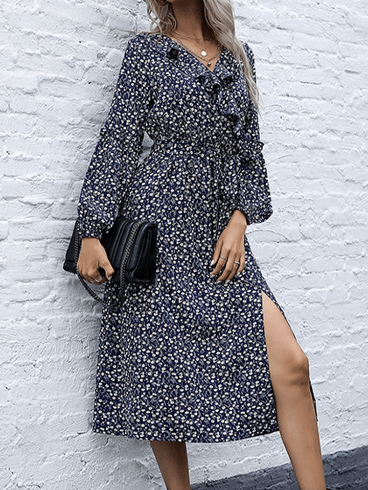 Women Floral Print Ruffle Trims V-Neck Long Sleeve Casual Midi Dress - MRSLM