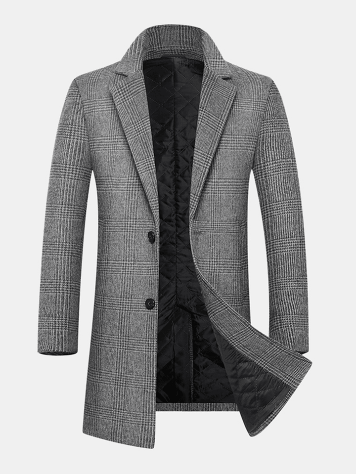 Mens Houndstooth Woolen Single-Breasted Lapel Mid-Length Overcoat