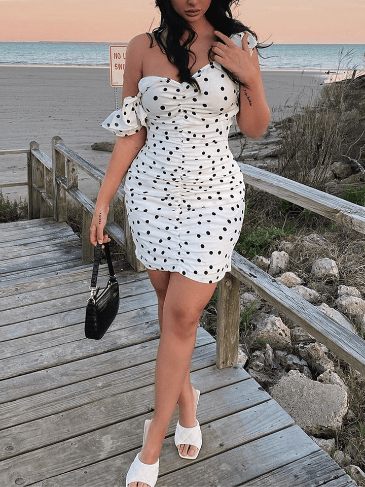 Polka Dot Print V-Neck Ruffle Shoulder Holiday Mini Wrap Dress