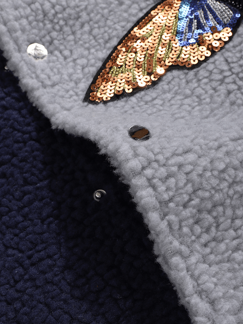 Mens Butterfly Sequins Applique Patchwork Pocket Baseball Collar Teddy Jacket