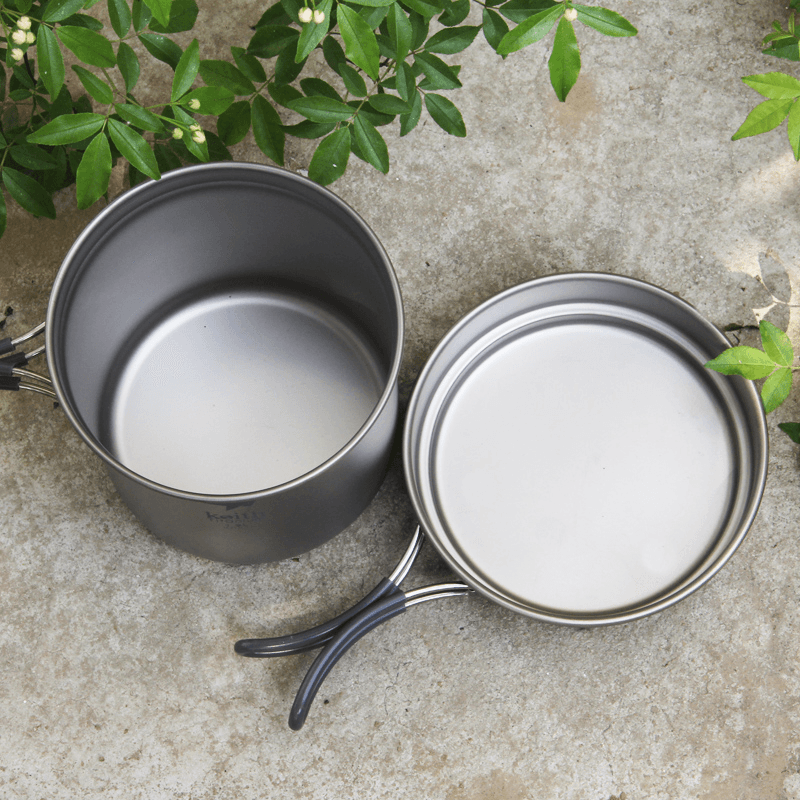 Keith Folding Handle Pure Titanium Pot Set Outdoor Cookware 1.2L Caldron + 400Ml Frying Pan Camping Hunting Traveing Picnic Hiking Cook Set