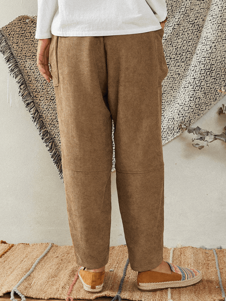 Women Khaki Corduroy Side Pockets Ankle Length Pants