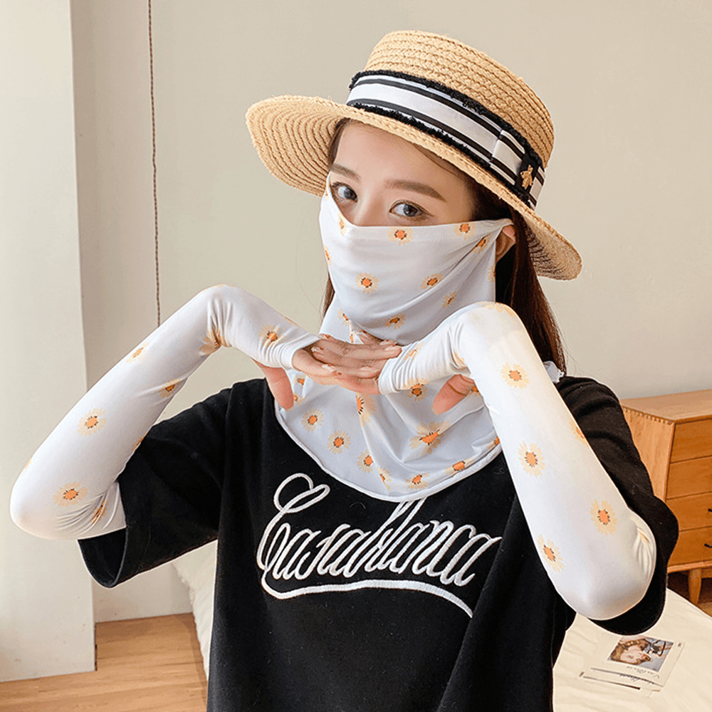 Women Sunscreen Summer Outdoor Ice Silk Hand Sleeve Arm Guard Sleeve Breathable Cover Face Veil Mask