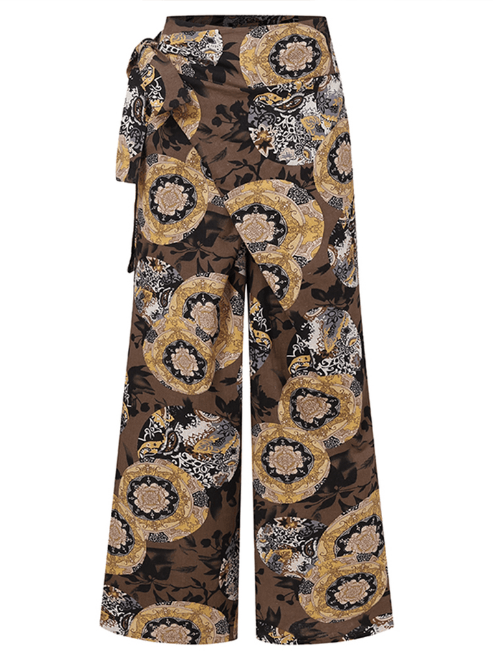 Women Ethnic Style Print Asymmetric Tie Waist Casual Wide Leg Pants