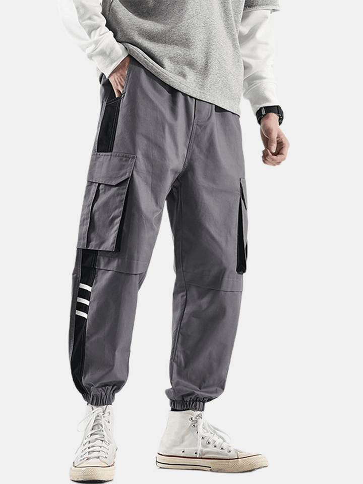 Mens Side Striped Patchwork Cotton Drawstring Cuffed Cargo Jogger Pants