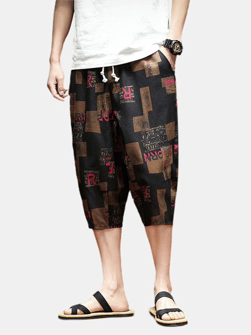 Mens Abstract Print Drawstring Ethnic Style Casual Pants with Pocket