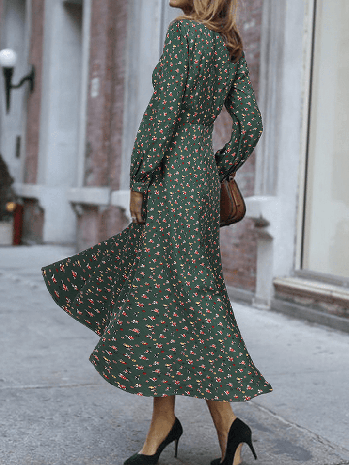 Women Floral Print Lace-Up Long Sleeve Side Zipper Casual Daily Maxi Dress