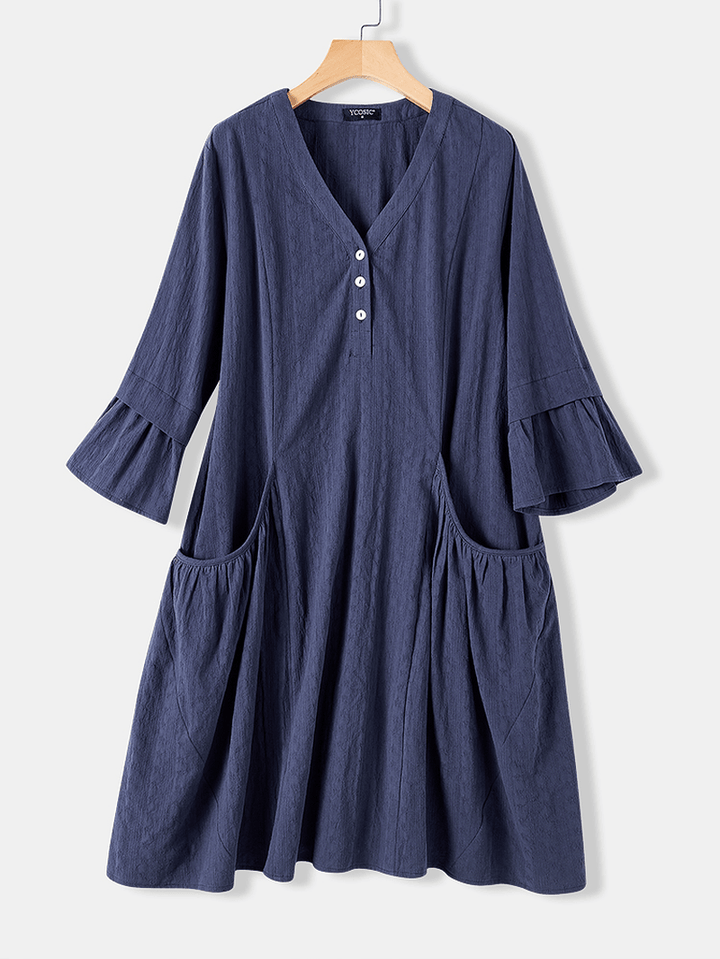 Casual Solid Color Cotton Half Bell Sleeve V-Neck Button Dress with Pocket - MRSLM