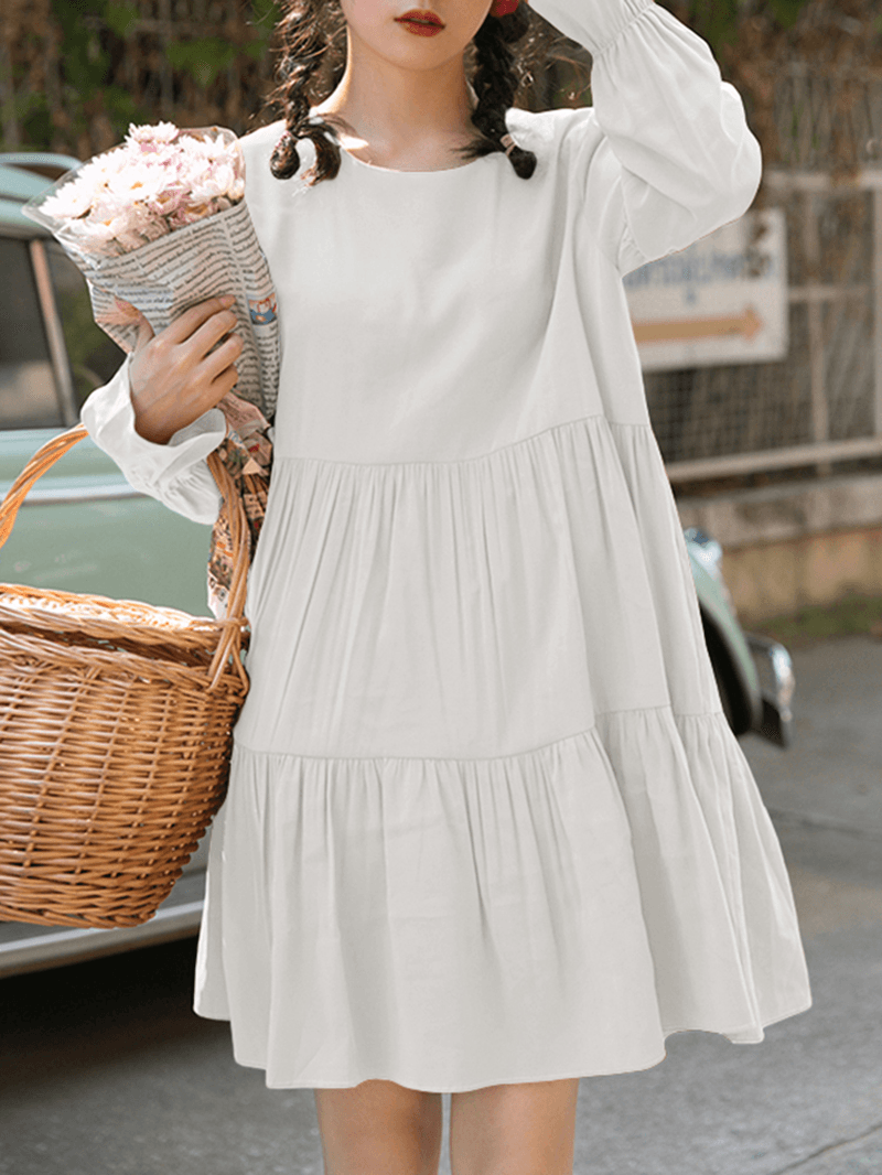 Women Cotton Solid Color Pleats O-Neck Long Sleeve Casual Dress - MRSLM