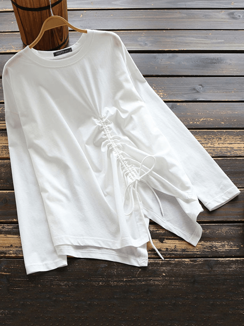 Women Solid O-Neck Irregular Hem Blouse