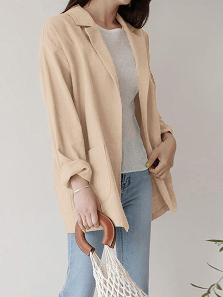 Women Plain Turn-Down Collar Casual Stylish Long Sleeve Blazer with Pockets