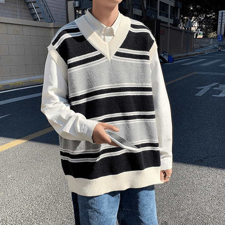 Men'S Korean Loose Striped V-Neck Sweater