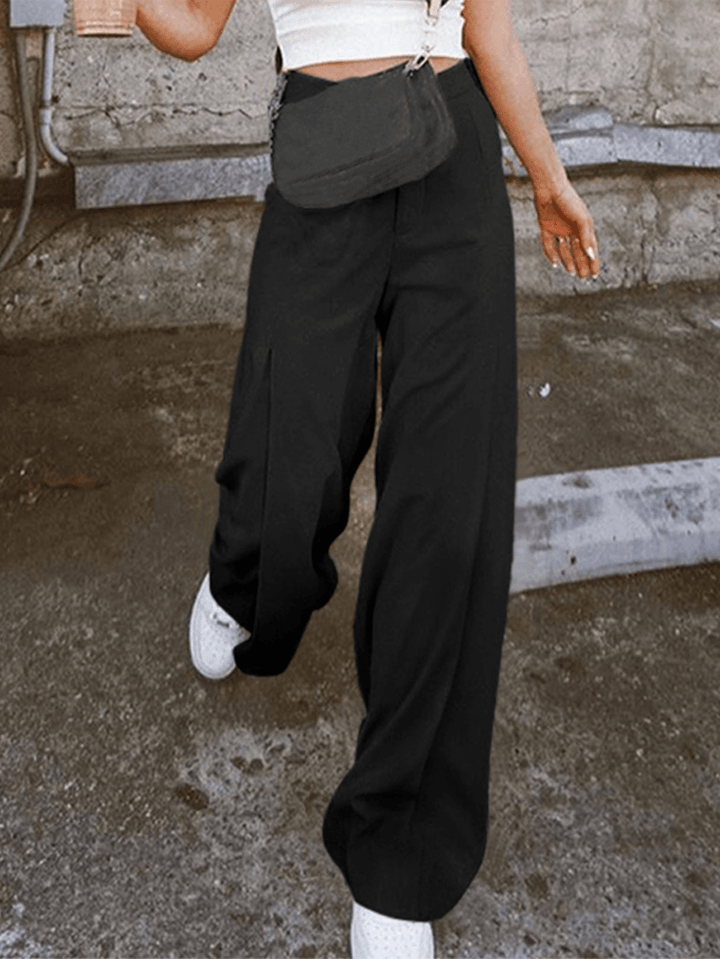 Women Solid Color High Waist Wild Casual Loose Wide Leg Pants