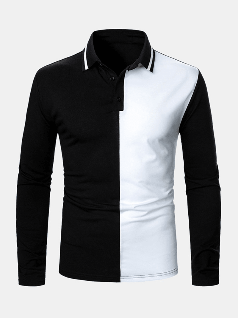 Mens Contrast Color Two Tone Patchwork Lapel Long Sleeve Golf Shirts