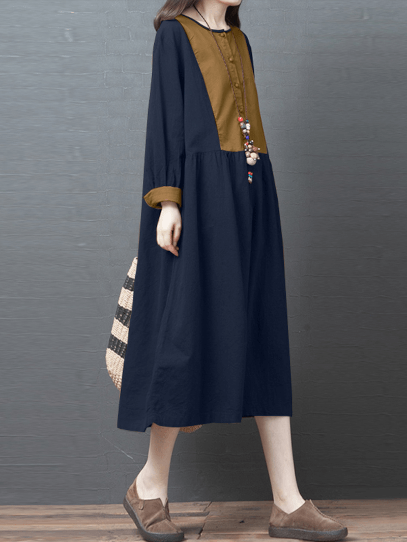 Women Contrast Patchwork Button Front Casual Long Sleeve Maxi Shirt Dresses