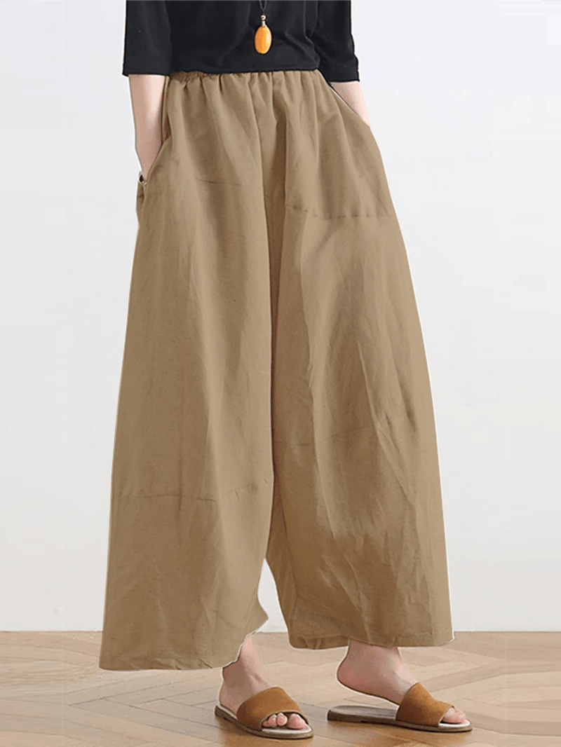 Women Solid Color Patchwork Elastic Waist Casual Wide Leg Pants with Side Pockets