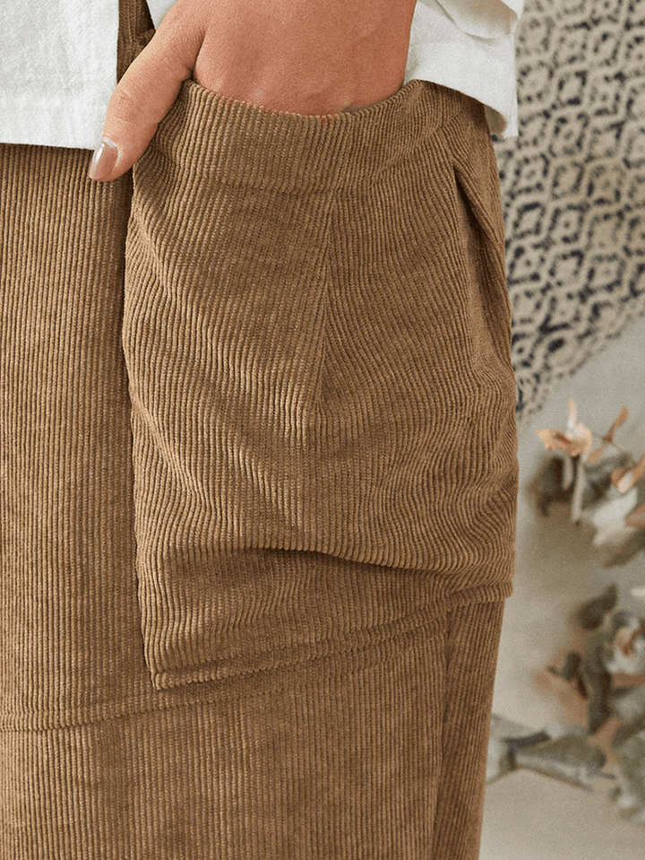 Women Khaki Corduroy Side Pockets Ankle Length Pants