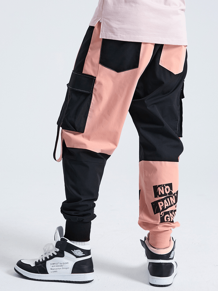 Mens Patchwork Colorblock Utility Creative Letter Printed Pants