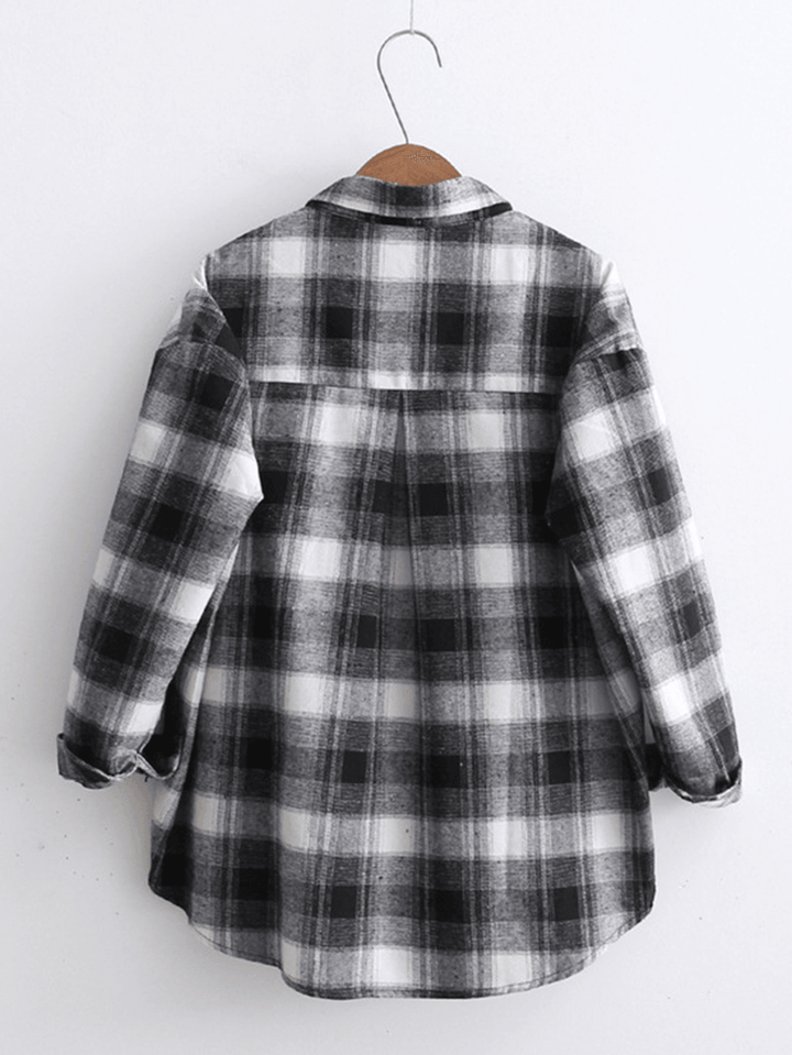 Loose Plaid Long Sleeve Turn-Down Collar Blouse