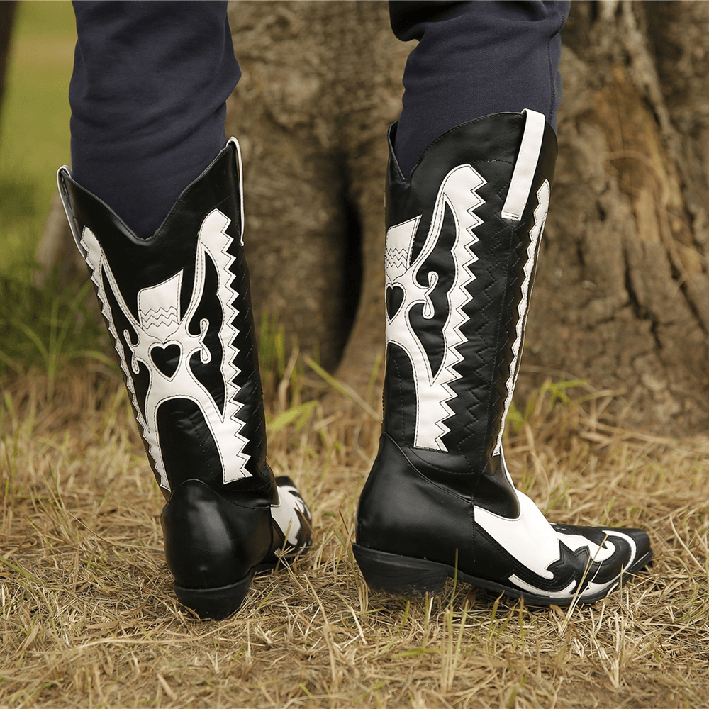 Plus Size Women Pointed Toe Pattern Slip on Chunky Heel Cowboy Boots