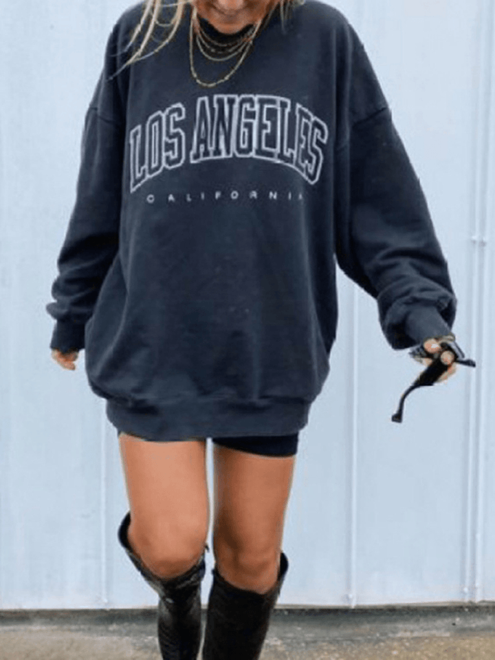 Women Letter Print Drop Shoulder Pullover Simple Navy Sweatshirt