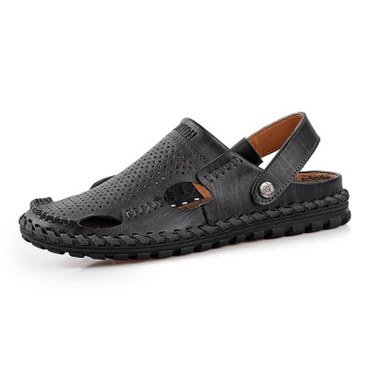 Men Summer Leather Sandal Casual round Toe Outdoor Flat Fashion Soft Beach Slipper