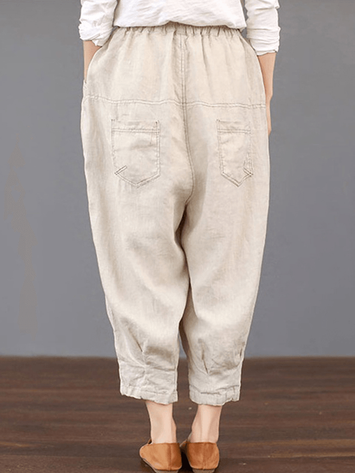 Women Solid Color Elastic Waist Loose Cotton Pants