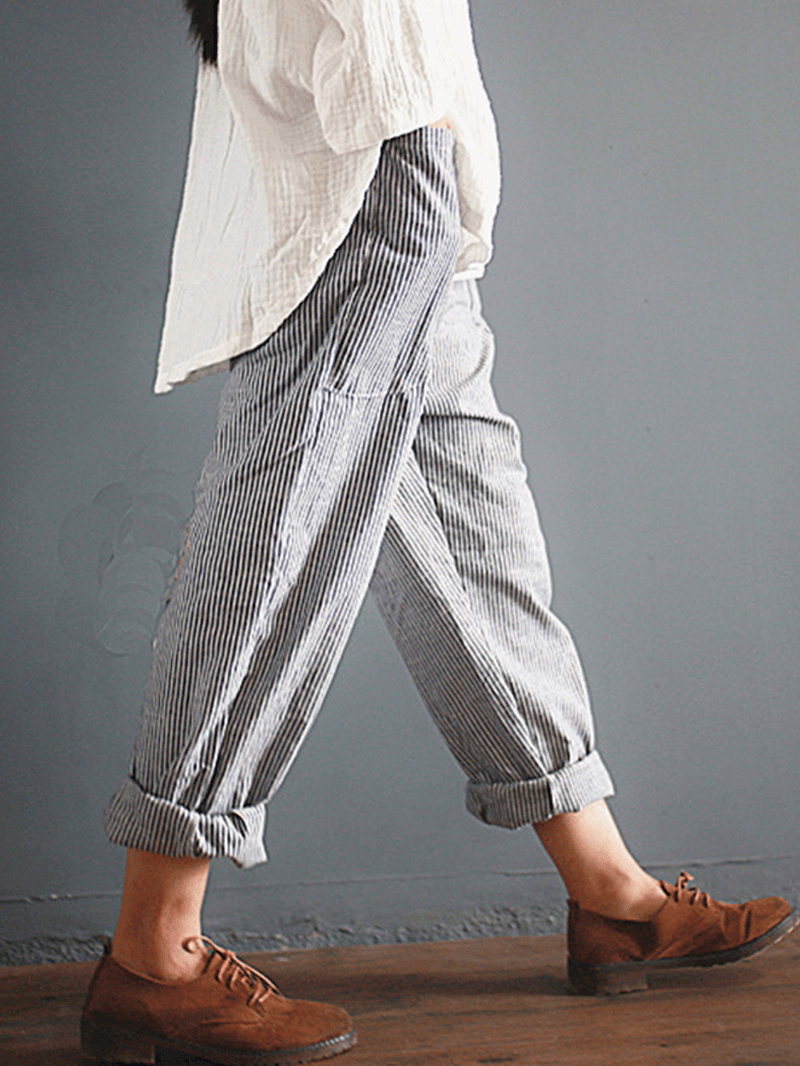 S-5XL Casual Stripe Pocket Elastic Waist Women Harem Pants