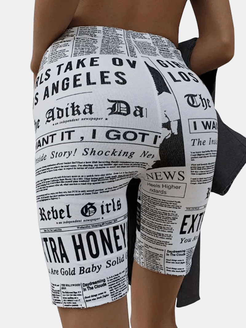 Casual Newspaper Print High Waist Shorts Sport Leggings for Women - MRSLM