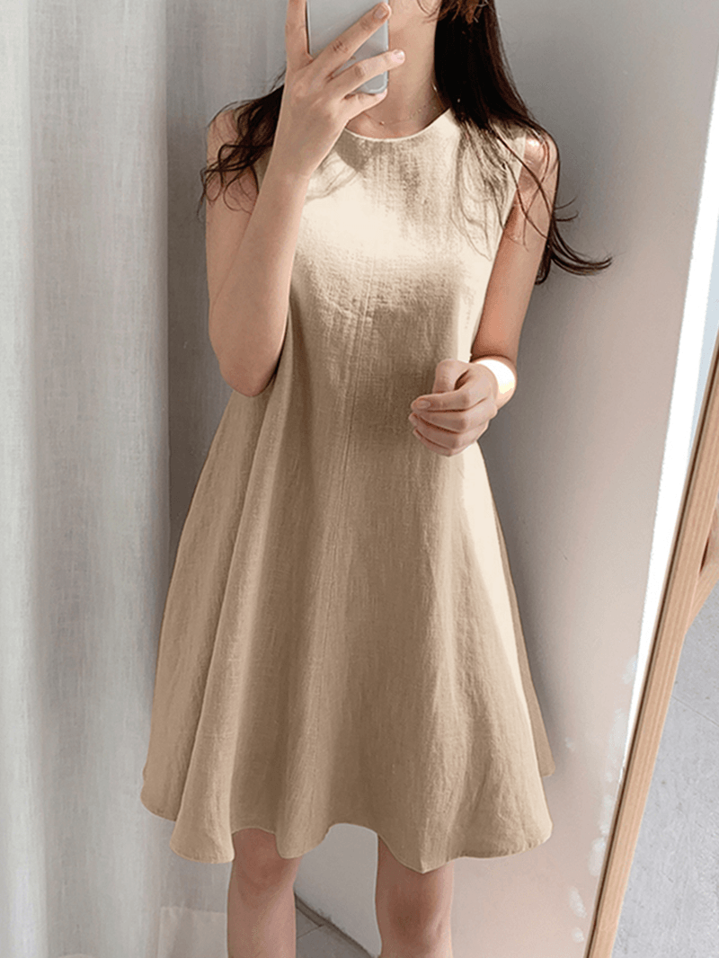 Women Cotton Solid Color round Neck Sleeveless Casual Midi Dress