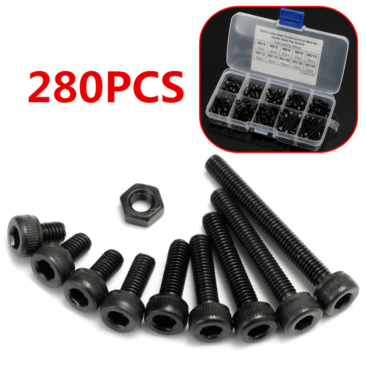 Suleve‚Ñ¢ M3AH8 280Pcs M3 Hex Socket Screws Allen Bolt Assortment with Nuts Grade 12.9 Alloy Steel