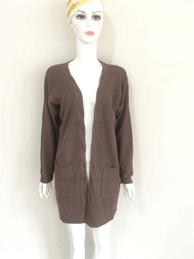 Women Knitted Solid Color Loose Pocket Twisted Cardigans