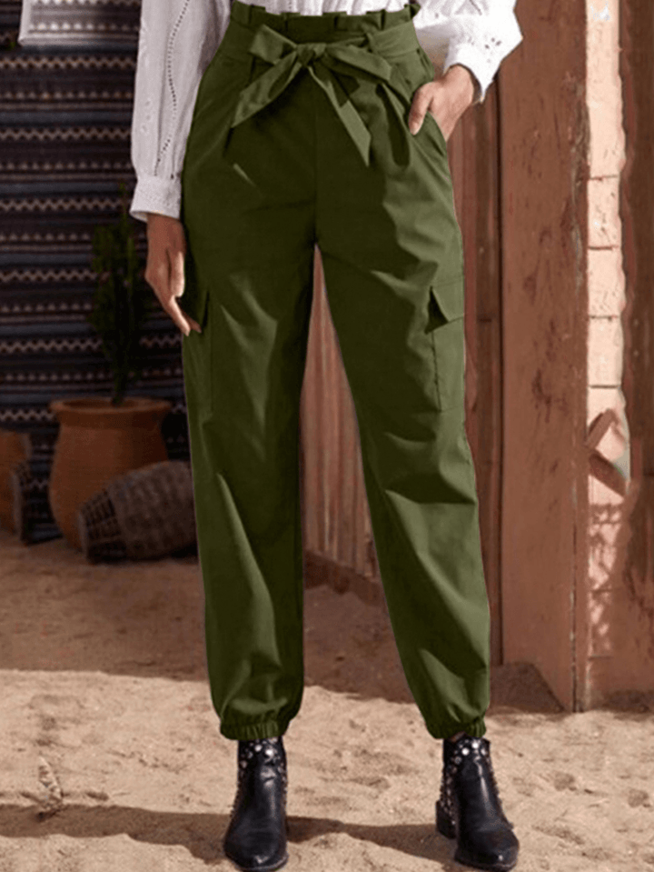 Women Solid Color Pleated Waist Lace-Up Cargo Harem Pants with Pockets - MRSLM