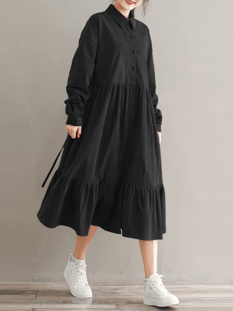 Women Corduroy Casuallace-Up Ruffles Hem Loose Full Sleeve Mid-Calf Length Midi Dress