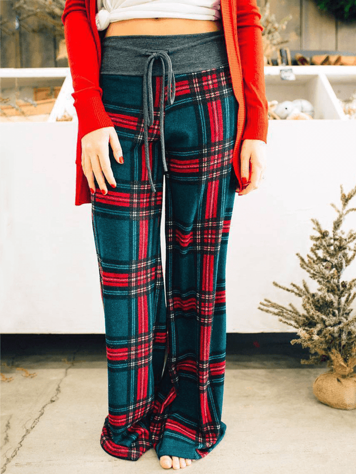 Women Plaid Print Casual Loose High Waist Wide Leg Pants