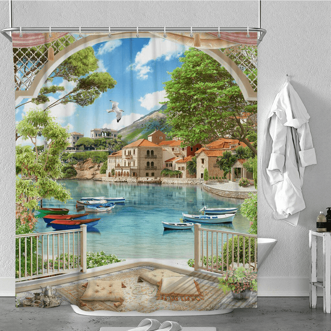 1/3Pcs Bathroom Shower Curtain Mediterranean Sea Printing Set Toilet Cover Mat