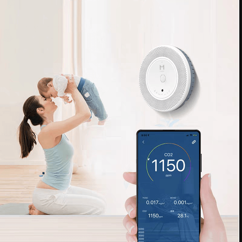 Smart Bluetooth Air Quality Monitor PM2.5 Carbon Dioxide Monitoring Temperature Humidity Air Detector Air Quality Curve Display 24 Hours Real-Time Monitoring Low Noise Wall Ceiling Air Testor