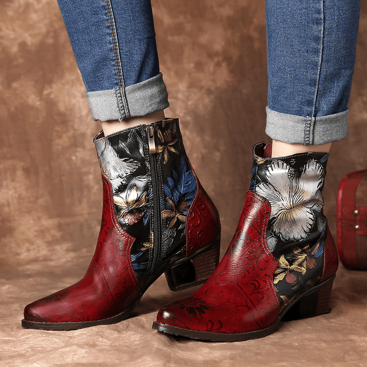 Women Retro Embossed Flowers Stitching Leather Ankle Boots