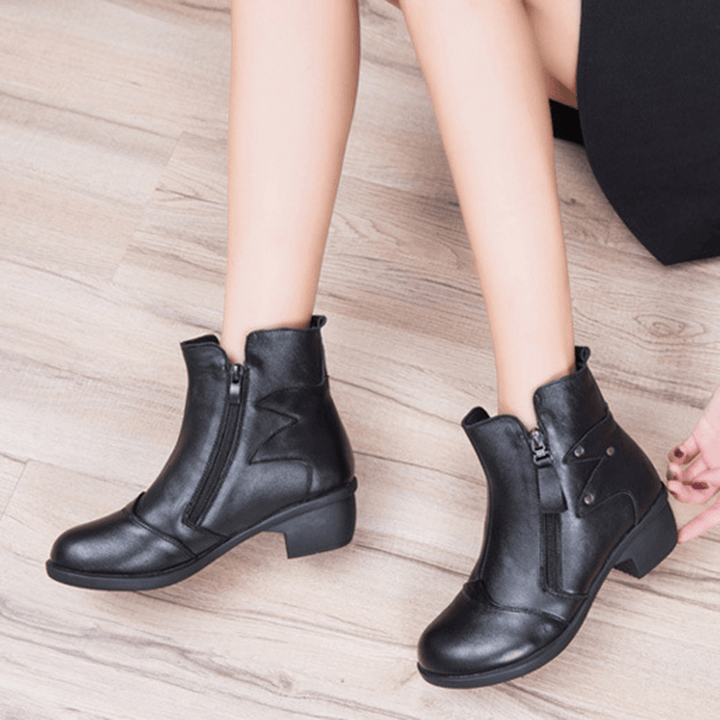 Zipper round Toe Leather Ankle Short Boots